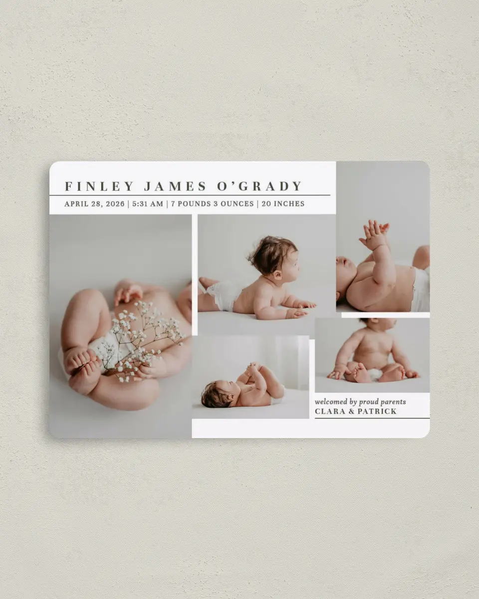 This is a 4" x 5½" Birth Announcement Magnet called Minimalist Munchkin printed in full color with Silver foil and a Luxe Satin finish