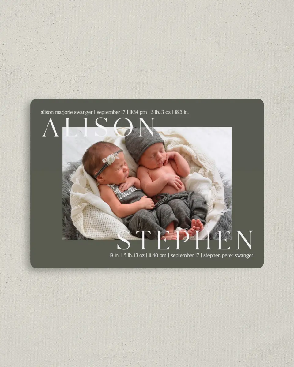 This is a 4" x 5½" Birth Announcement Magnet called Sweet Twins printed in full color with Gold foil and a Luxe Satin finish