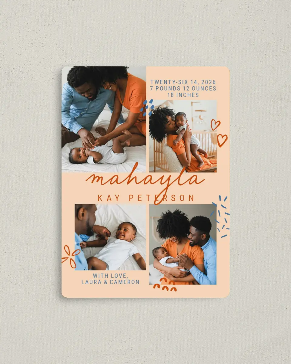 This is a 4" x 5½" Birth Announcement Magnet called Cutesy Baby printed in full color with a Luxe Satin finish