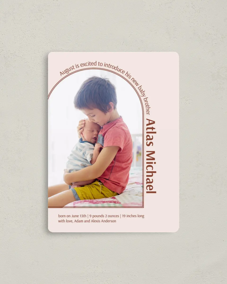 This is a 4" x 5½" Birth Announcement Magnet called  printed in full color with Rose Gold foil and a Luxe Satin finish