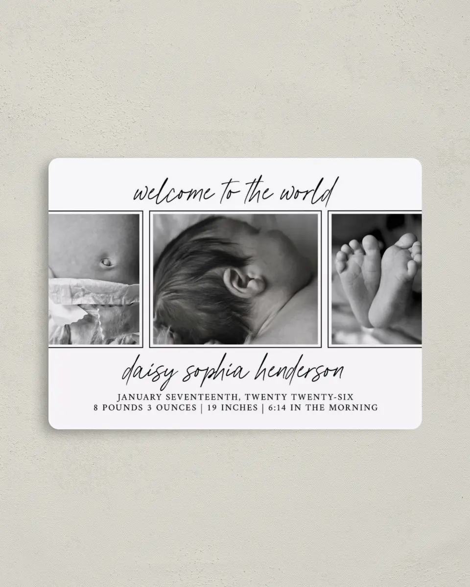This is a 4" x 5½" Birth Announcement Magnet called Delicate Little One printed in full color with Gold foil and a Luxe Satin finish