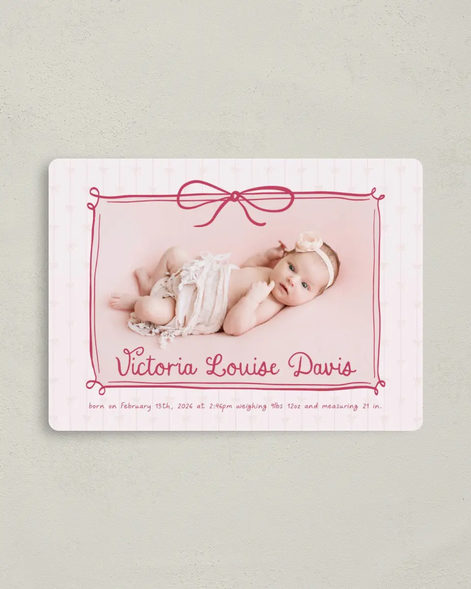 This is a 4" x 5½" Birth Announcement Magnet called Blush Bows printed in full color with Silver foil and a Luxe Satin finish