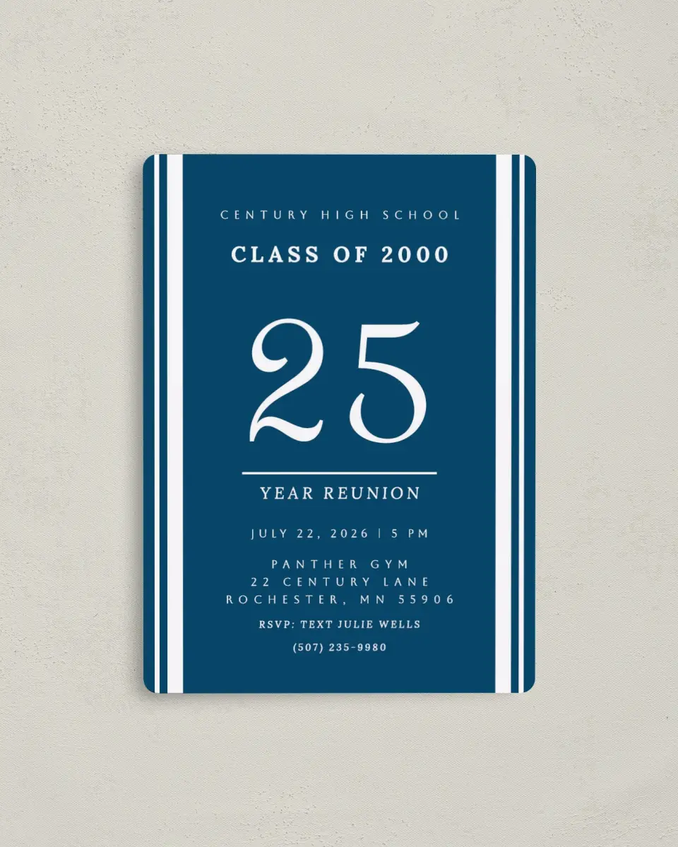 This is a 4" x 5½" Class Reunion called Special Stripes printed in full color with a Luxe Satin finish