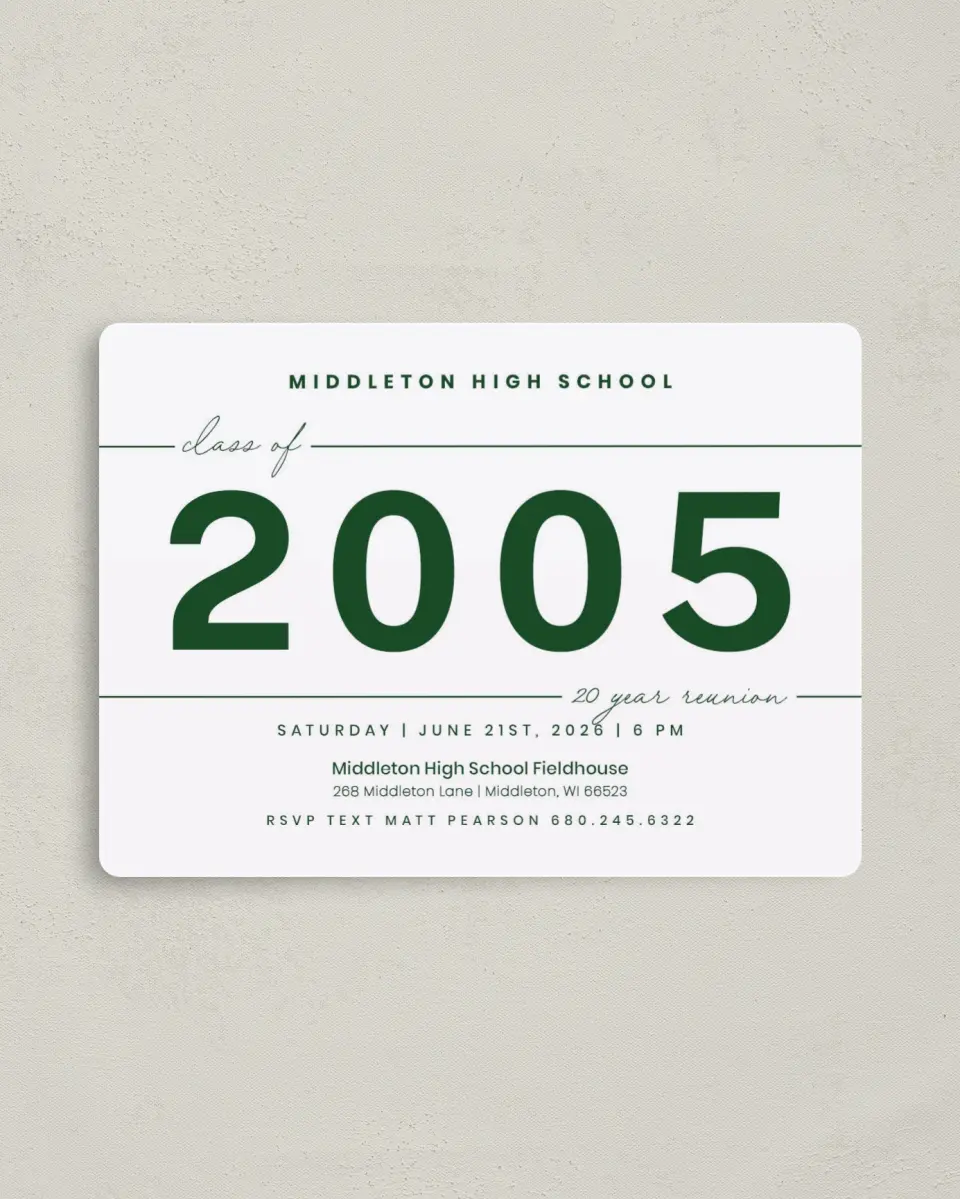 This is a 4" x 5½" Class Reunion called Graceful Lines printed in full color with a Luxe Satin finish