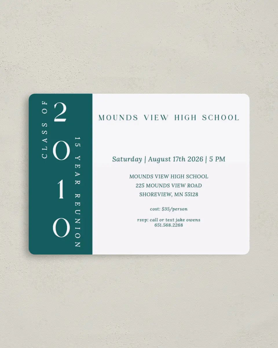 This is a 4" x 5½" Class Reunion called Color Block printed in full color with a Luxe Satin finish