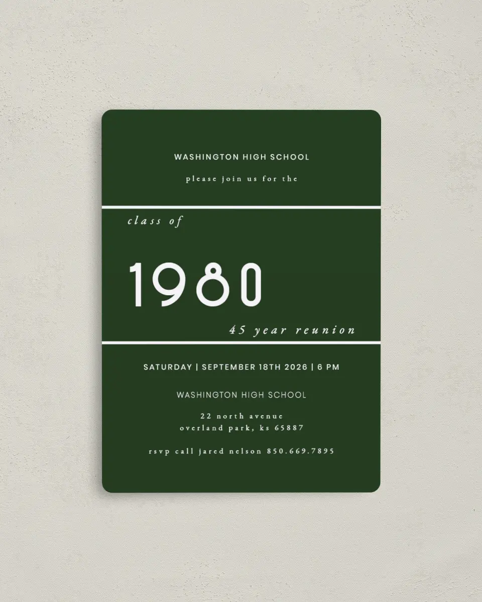 This is a 4" x 5½" Class Reunion called Modern Digits printed in full color with a Luxe Satin finish