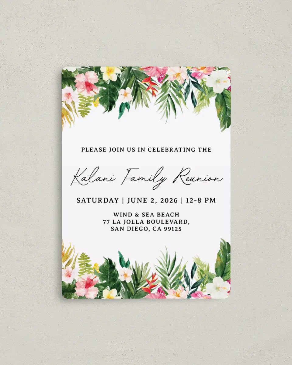 This is a 4" x 5½" Family Reunion called Hibiscus and Fern printed in full color with a Luxe Satin finish