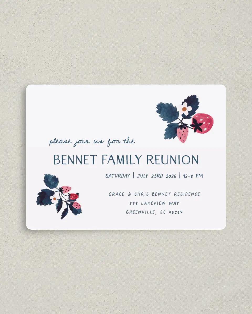 This is a 4" x 5½" Family Reunion called Summer Berries printed in full color with a Luxe Satin finish