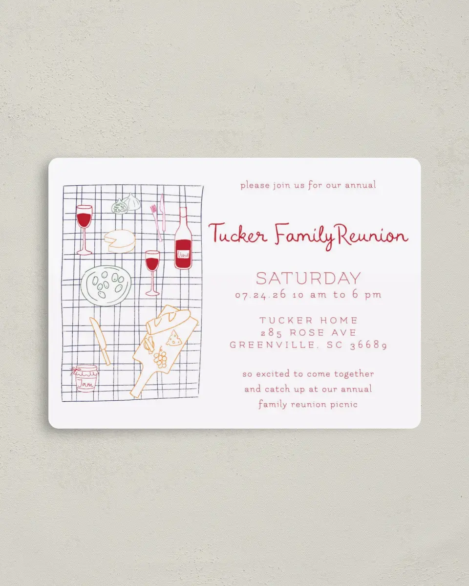 This is a 4" x 5½" Family Reunion called Family Picnic printed in full color with a Luxe Satin finish
