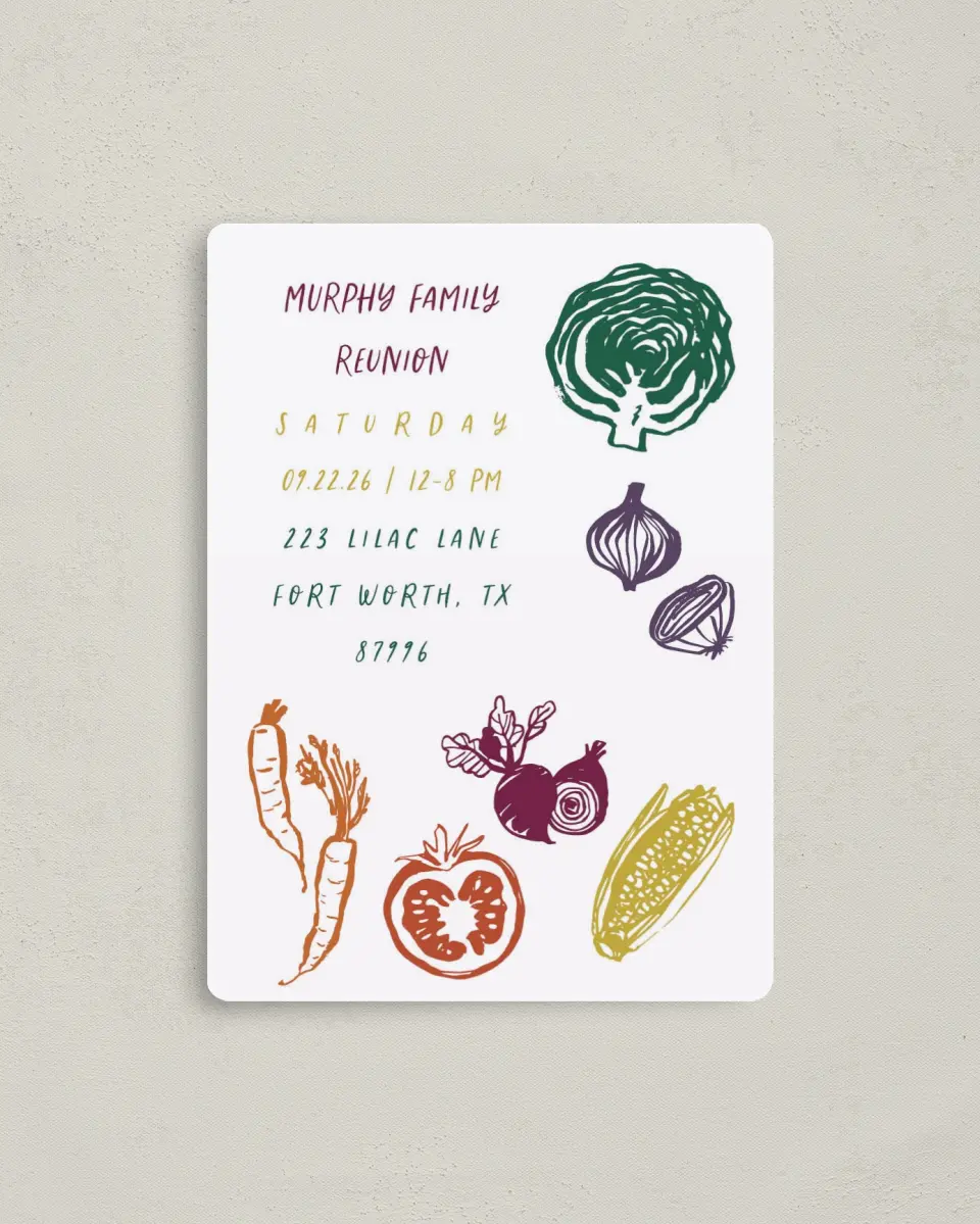 This is a 4" x 5½" Family Reunion called Backyard Garden printed in full color with a Luxe Satin finish