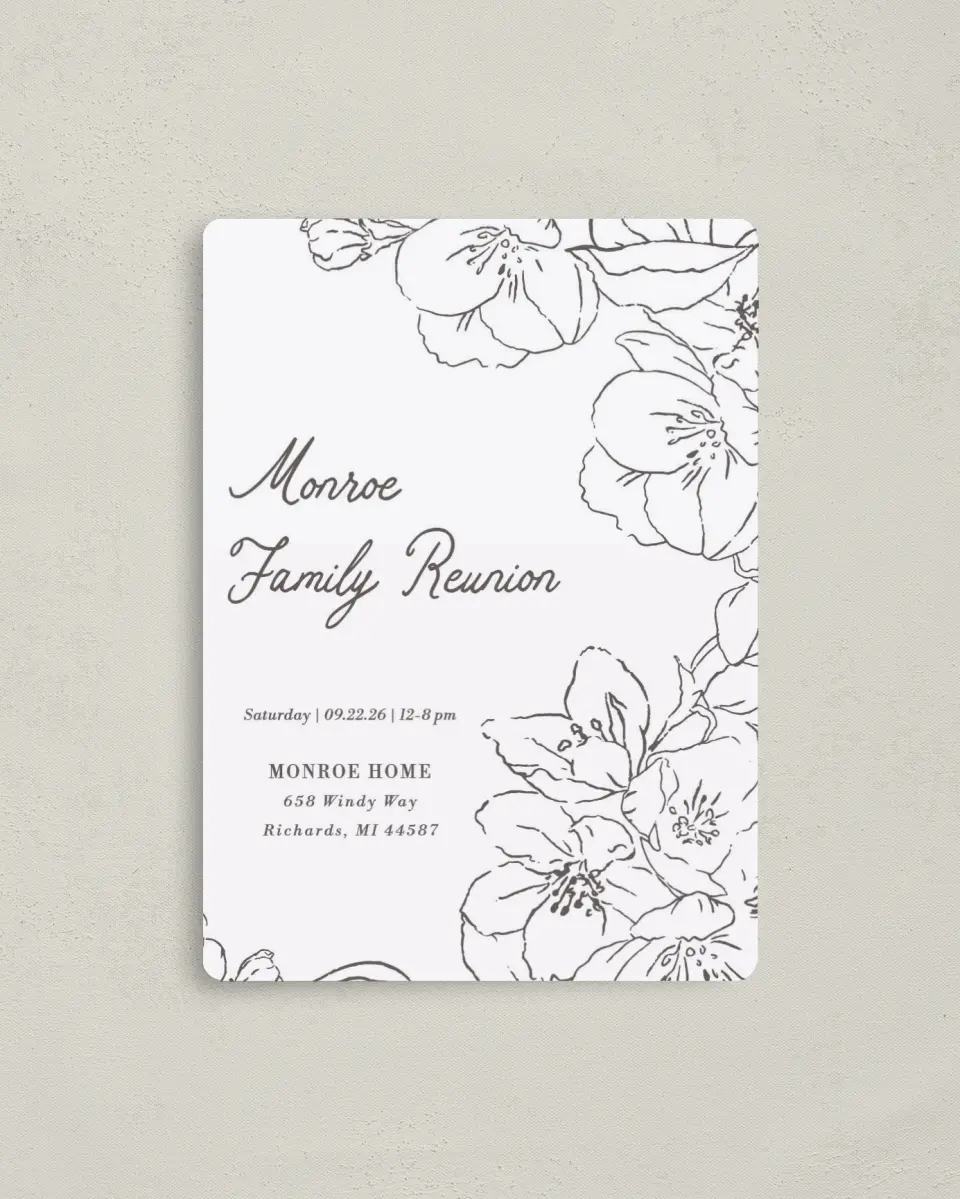 This is a 4" x 5½" Family Reunion called Familial Florals printed in full color with a Luxe Satin finish