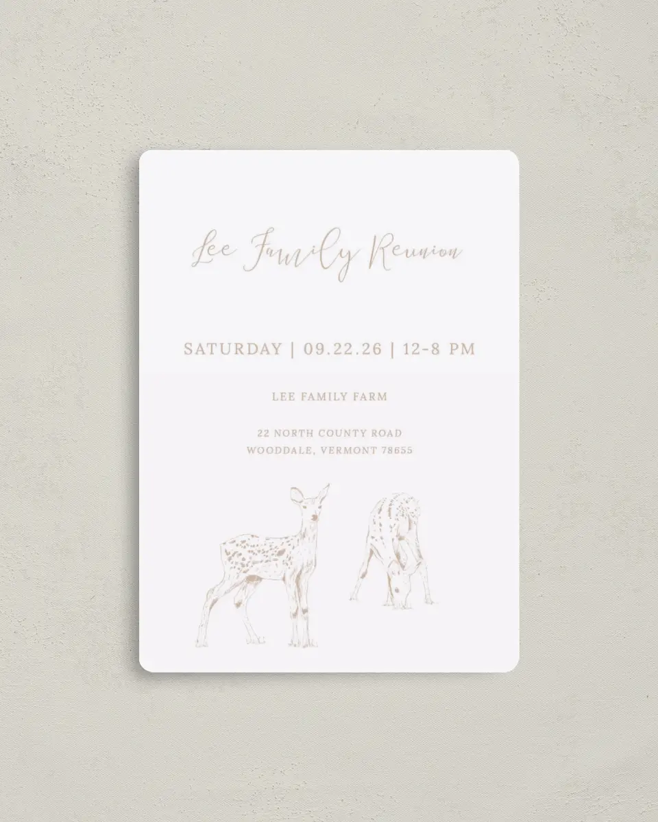This is a 4" x 5½" Family Reunion called Deer Graze printed in full color with a Luxe Satin finish