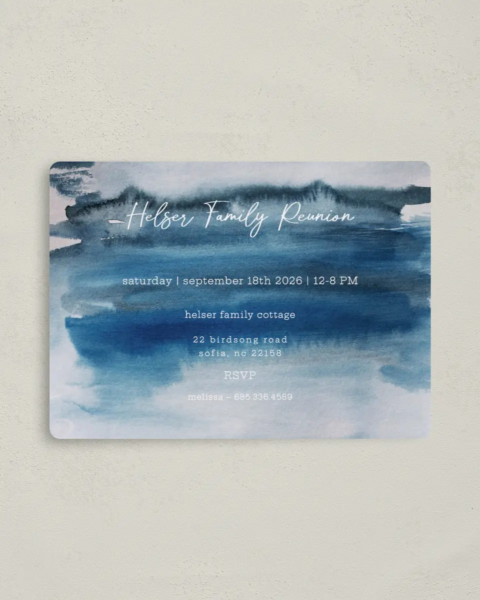 This is a 4" x 5½" Family Reunion called Blended Blues printed in full color with a Luxe Satin finish