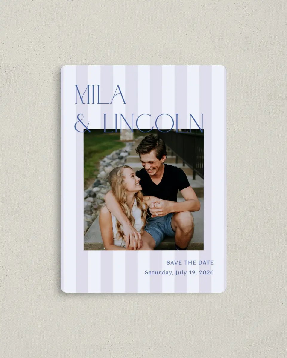 This is a 4" x 5½" Save the Date Magnet called The Mila printed in full color with a Luxe Satin finish