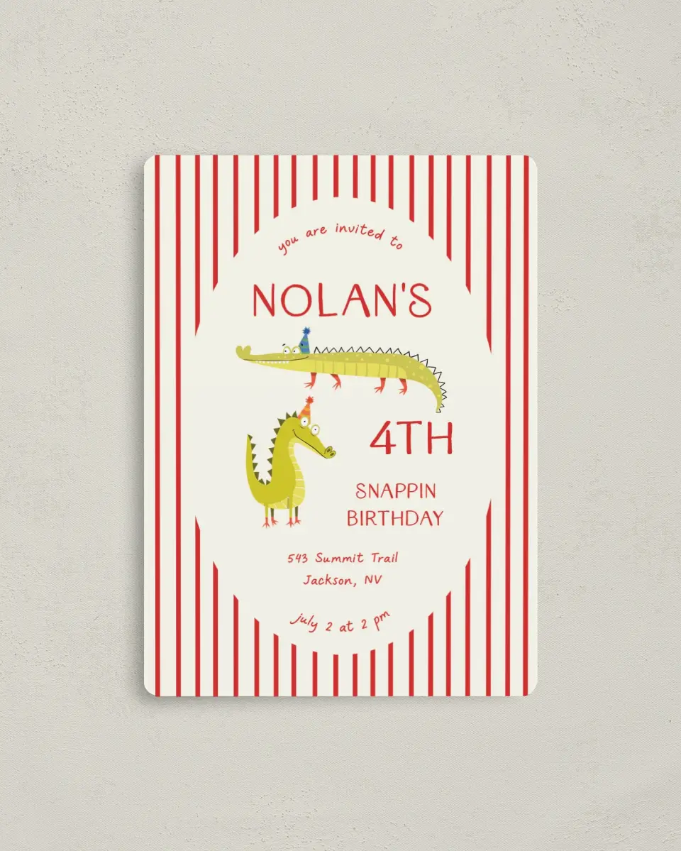 This is a 4" x 5½" Birthday Party Invitation called Snappin Birthday printed in full color with a Luxe Satin finish