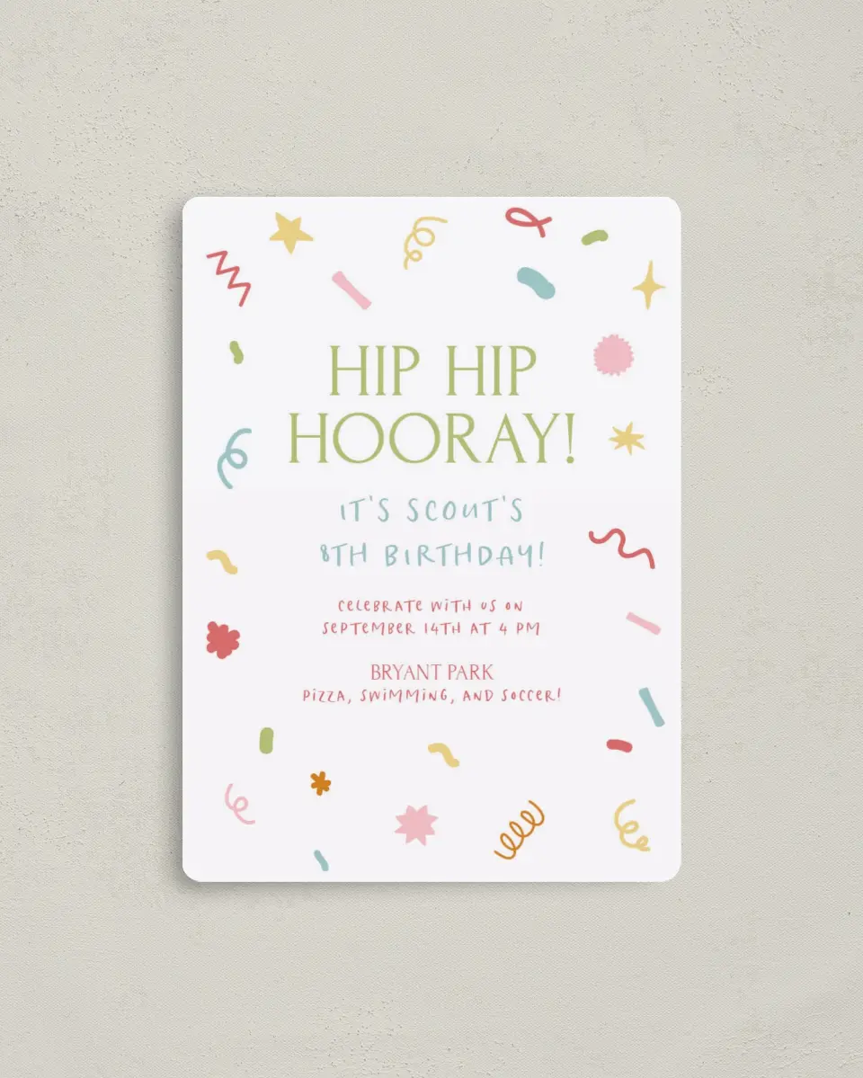 This is a 4" x 5½" Birthday Party Invitation called Hip Hip Hooray! printed in full color with a Luxe Satin finish