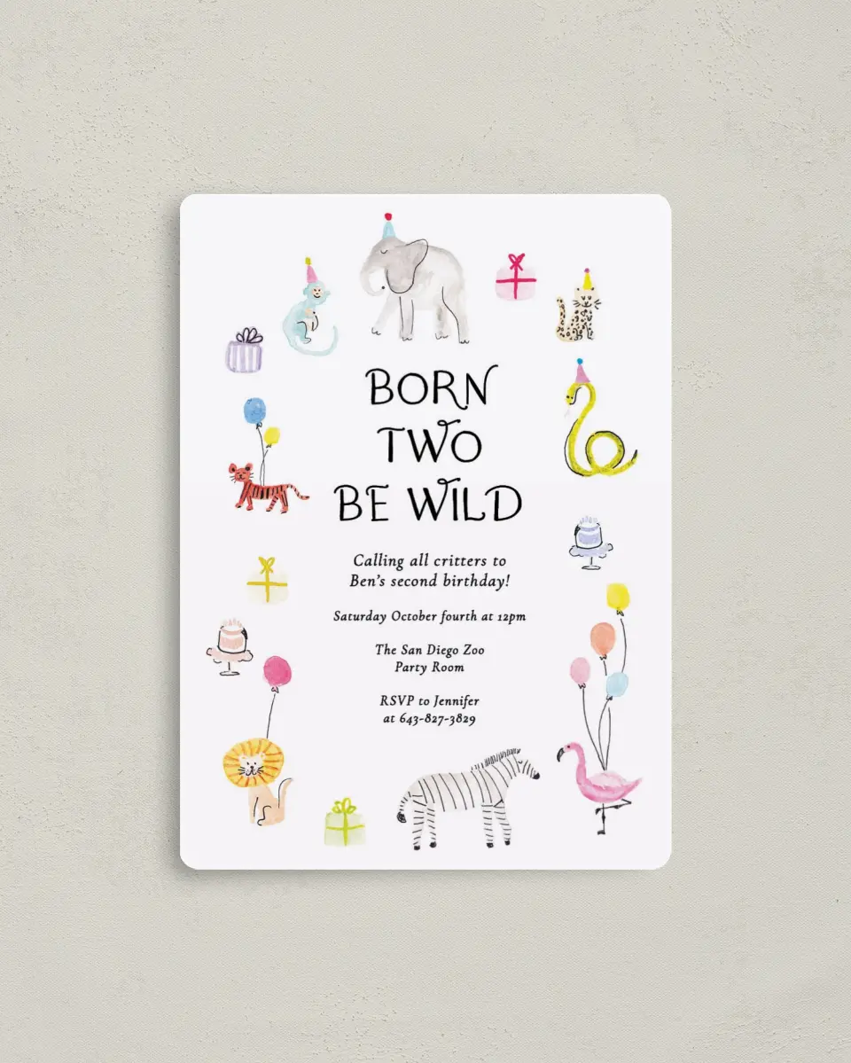This is a 4" x 5½" Birthday Party Invitation called Born to be WILD printed in full color with a Luxe Satin finish
