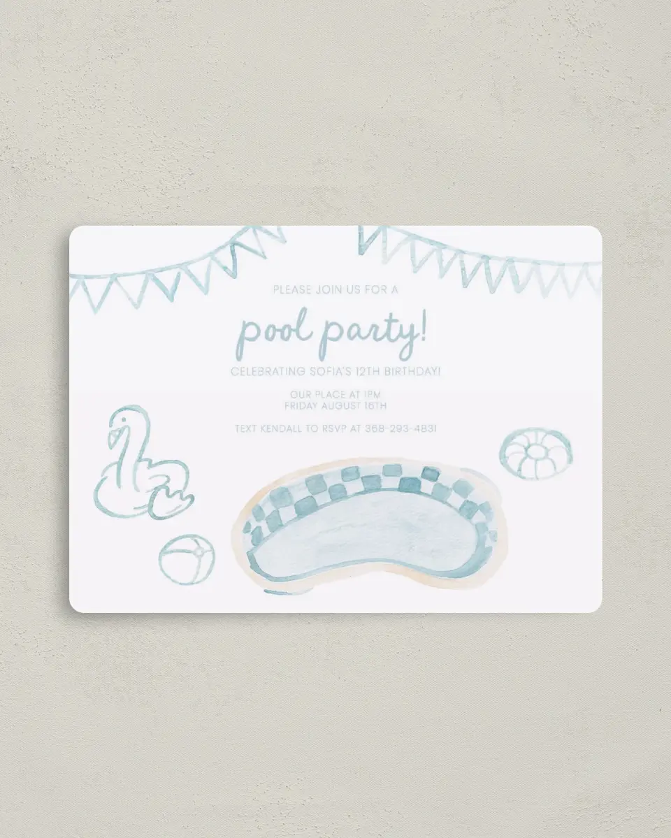 This is a 4" x 5½" Birthday Party Invitation called Pool Party printed in full color with a Luxe Satin finish