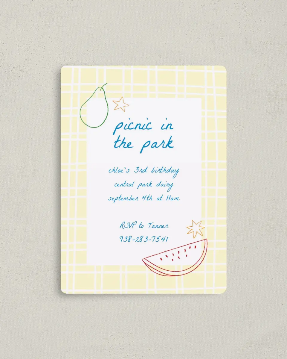 This is a 4" x 5½" Birthday Party Invitation called Park Picnic printed in full color with a Luxe Satin finish