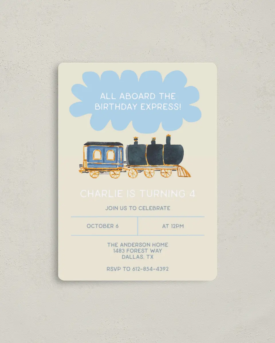 This is a 4" x 5½" Birthday Party Invitation called All Aboard printed in full color with a Luxe Satin finish