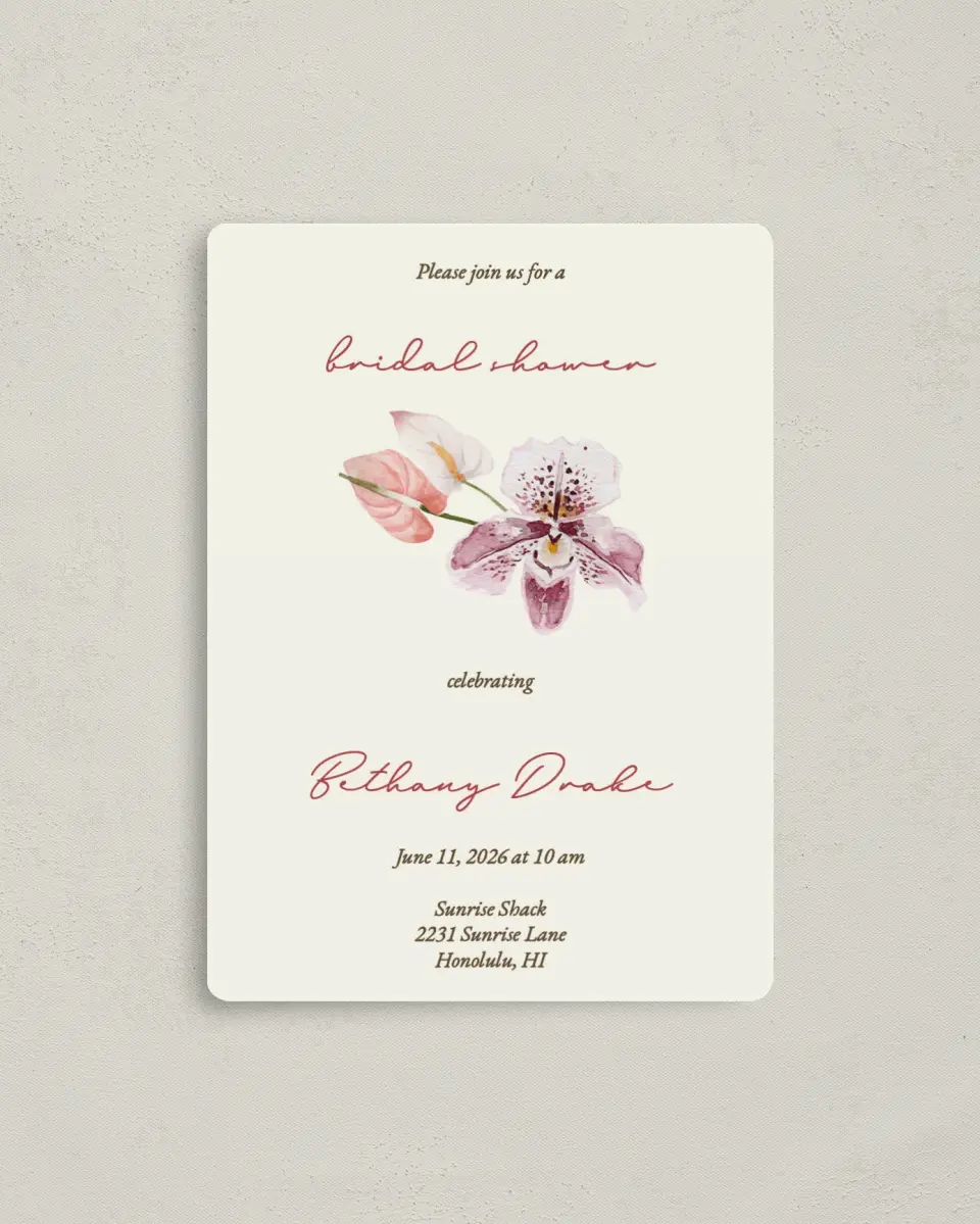 This is a 4" x 5½" Bridal Shower Invitation Magnet called Orchid Oasis printed in full color with a Luxe Satin finish