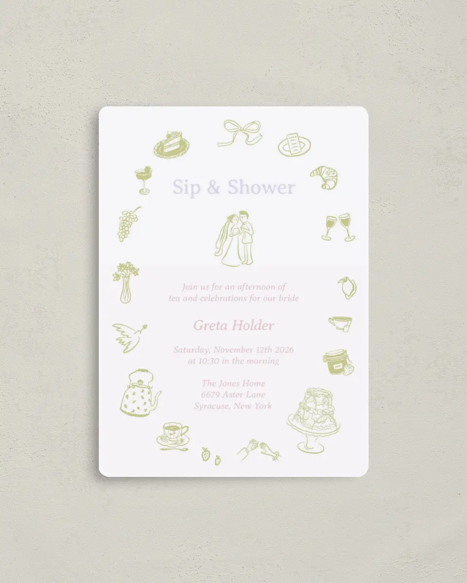 This is a 4" x 5½" Bridal Shower Invitation Magnet called Sip and Shower printed in full color with a Luxe Satin finish