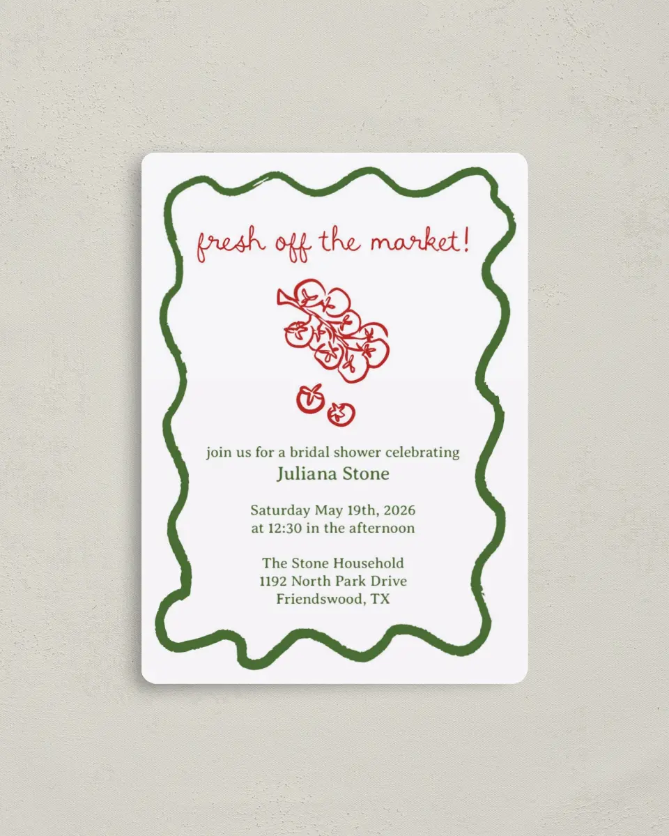 This is a 4" x 5½" Bridal Shower Invitation Magnet called Off the Market printed in full color with a Luxe Satin finish