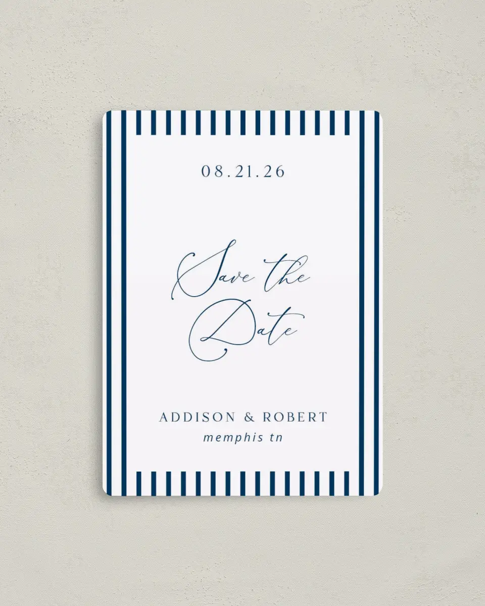 This is a 4" x 5½" Save the Date Magnet called The Addison printed in full color with a Luxe Satin finish
