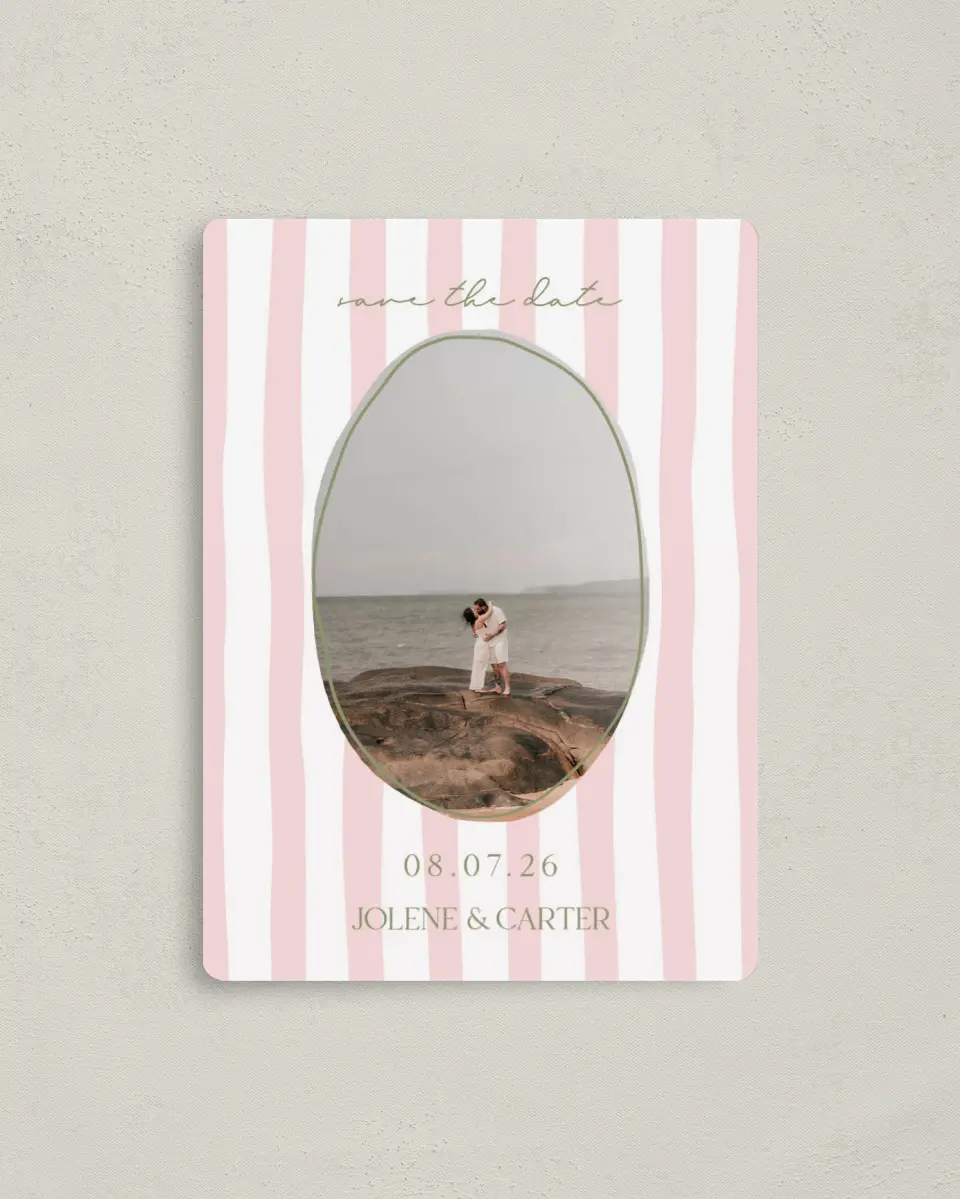 This is a 4" x 5½" Save the Date Magnet called The Jolene printed in full color with a Luxe Satin finish