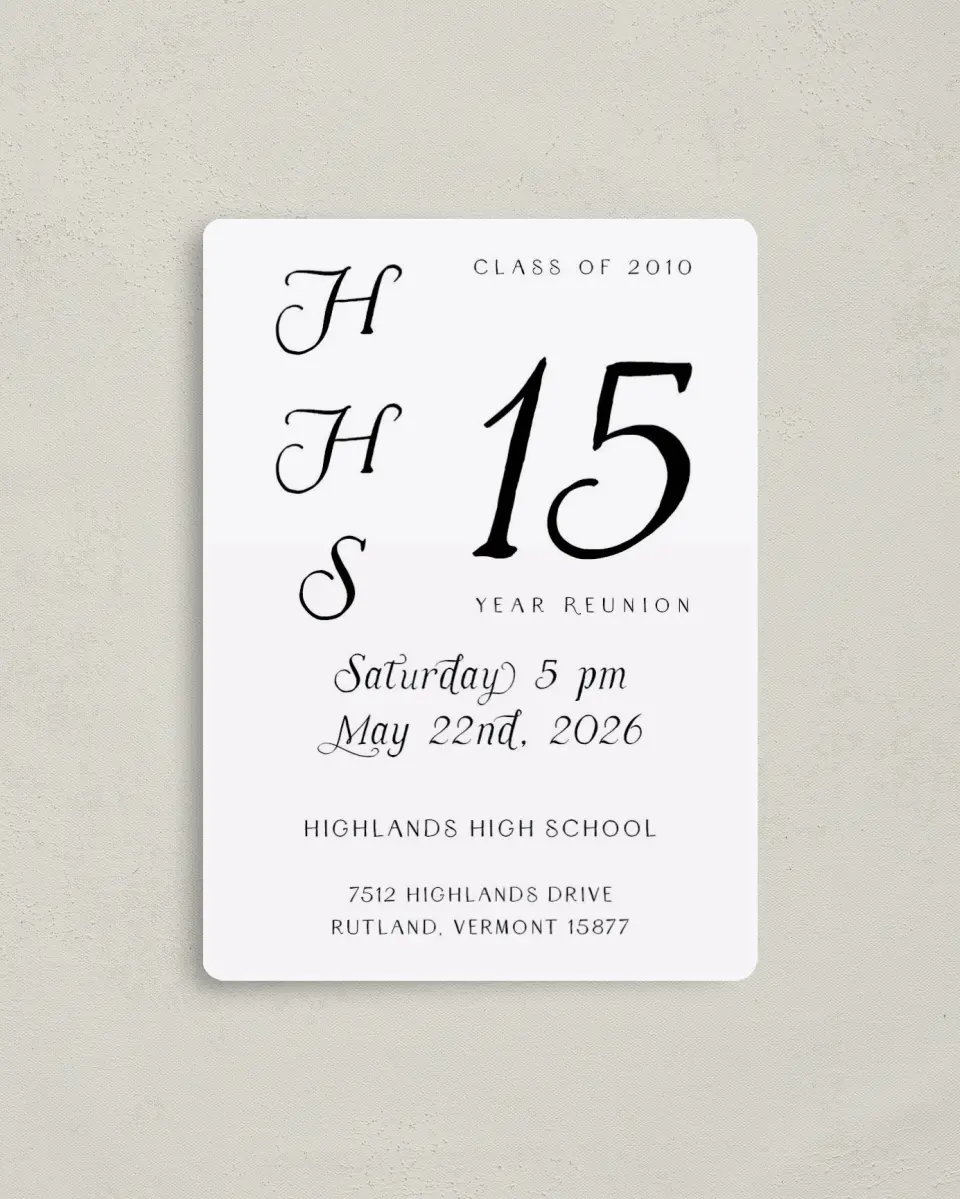 This is a 4" x 5½" Class Reunion called Magnificent Monogram printed in full color with a Luxe Satin finish