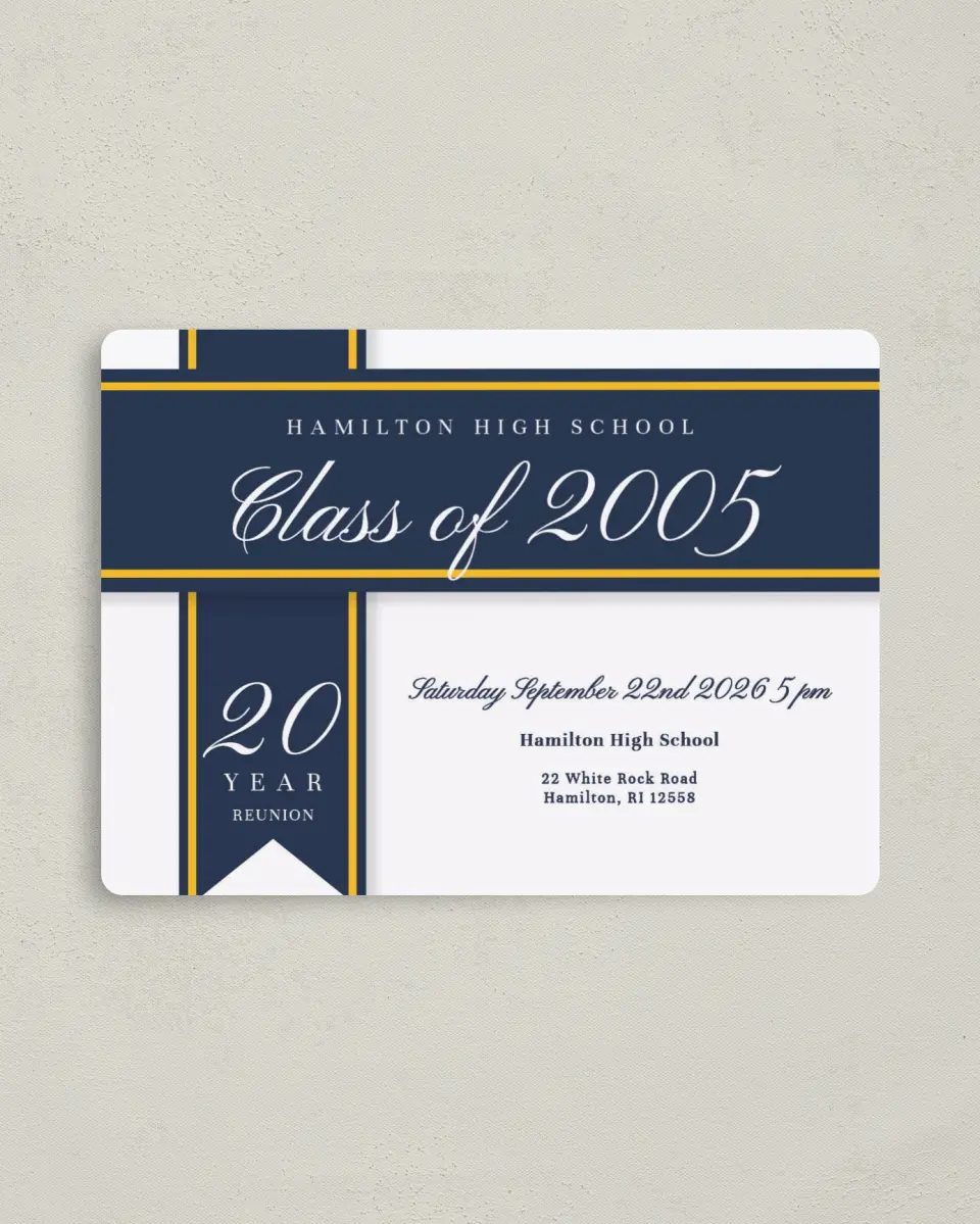 This is a 4" x 5½" Class Reunion called Elegant Banner printed in full color with a Luxe Satin finish