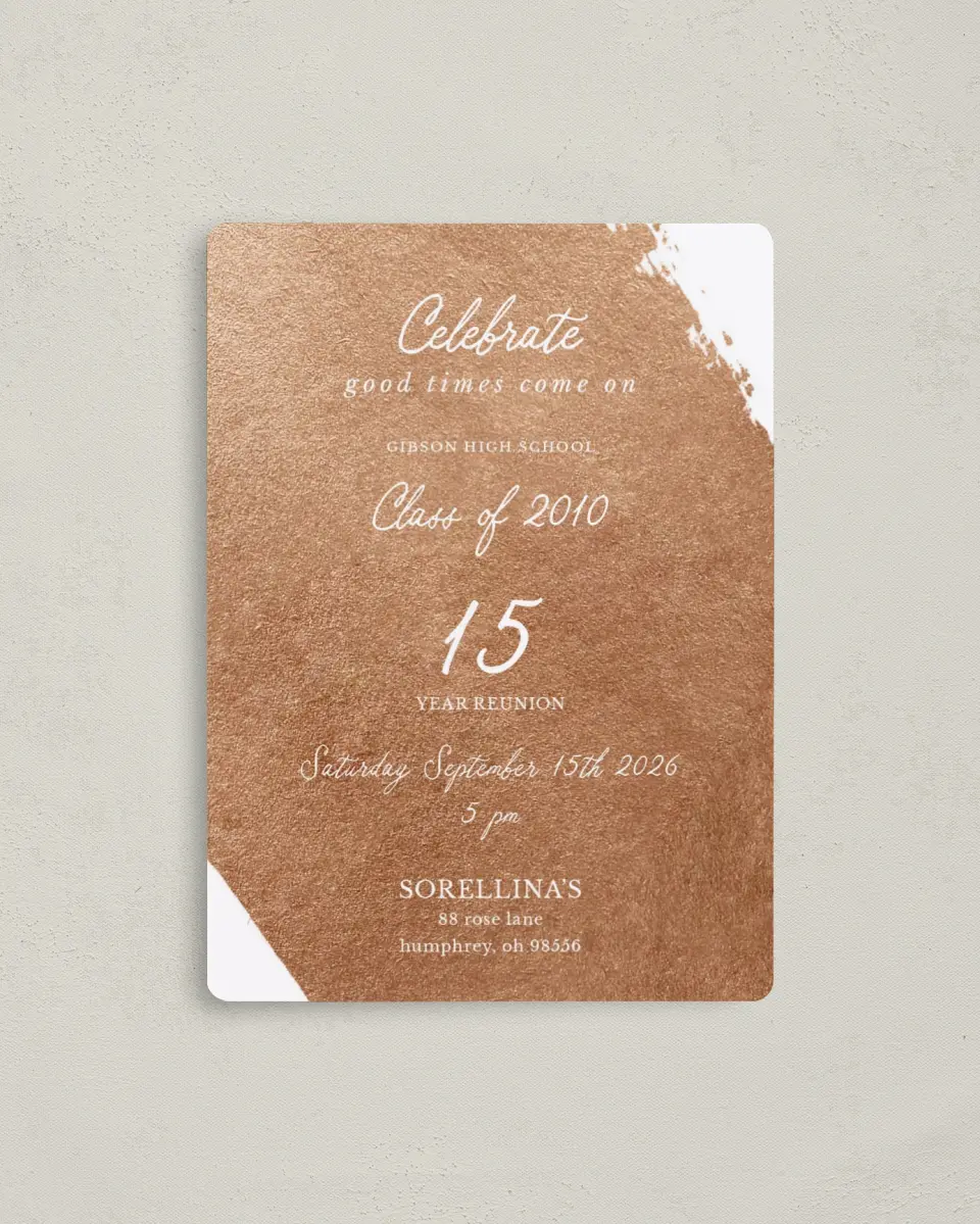 This is a 4" x 5½" Class Reunion called Celebrate Good Times printed in full color with a Luxe Satin finish