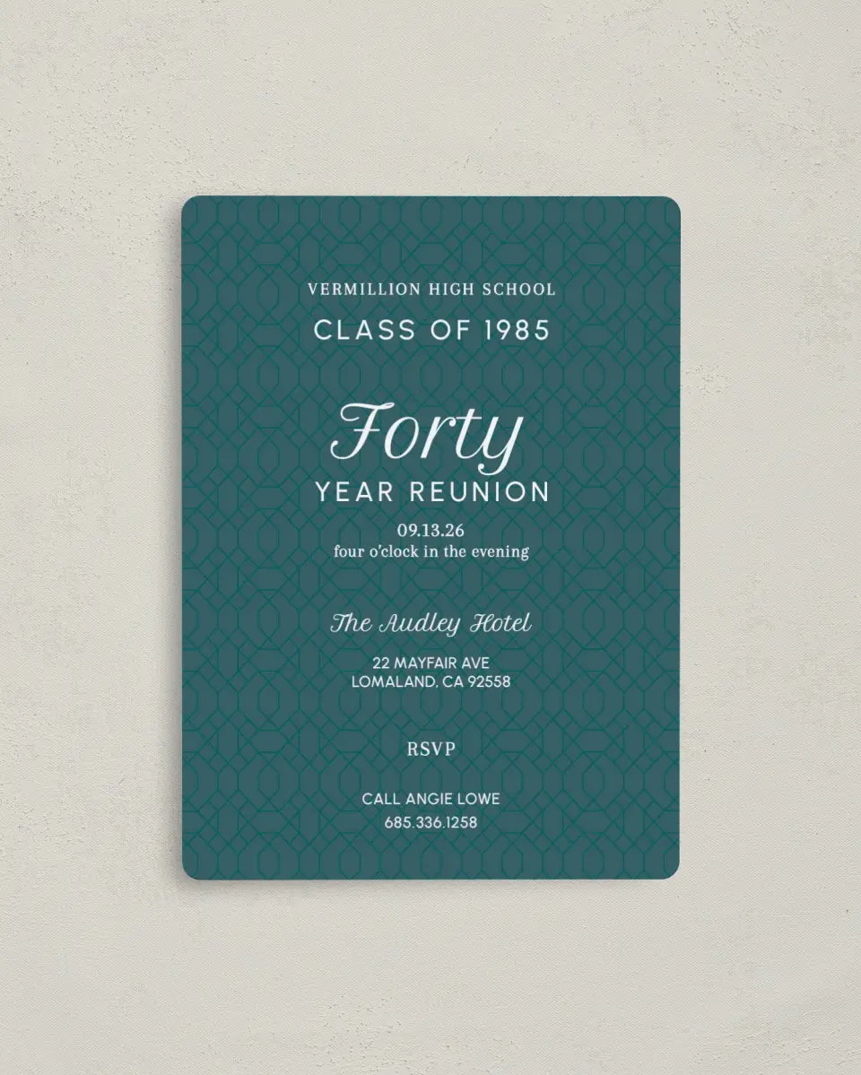 This is a 4" x 5½" Class Reunion called Green Groove printed in full color with a Luxe Satin finish