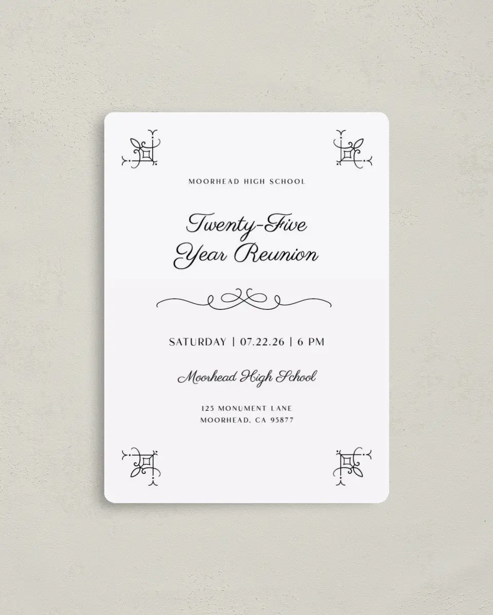This is a 4" x 5½" Class Reunion called Proper Party printed in full color with a Luxe Satin finish