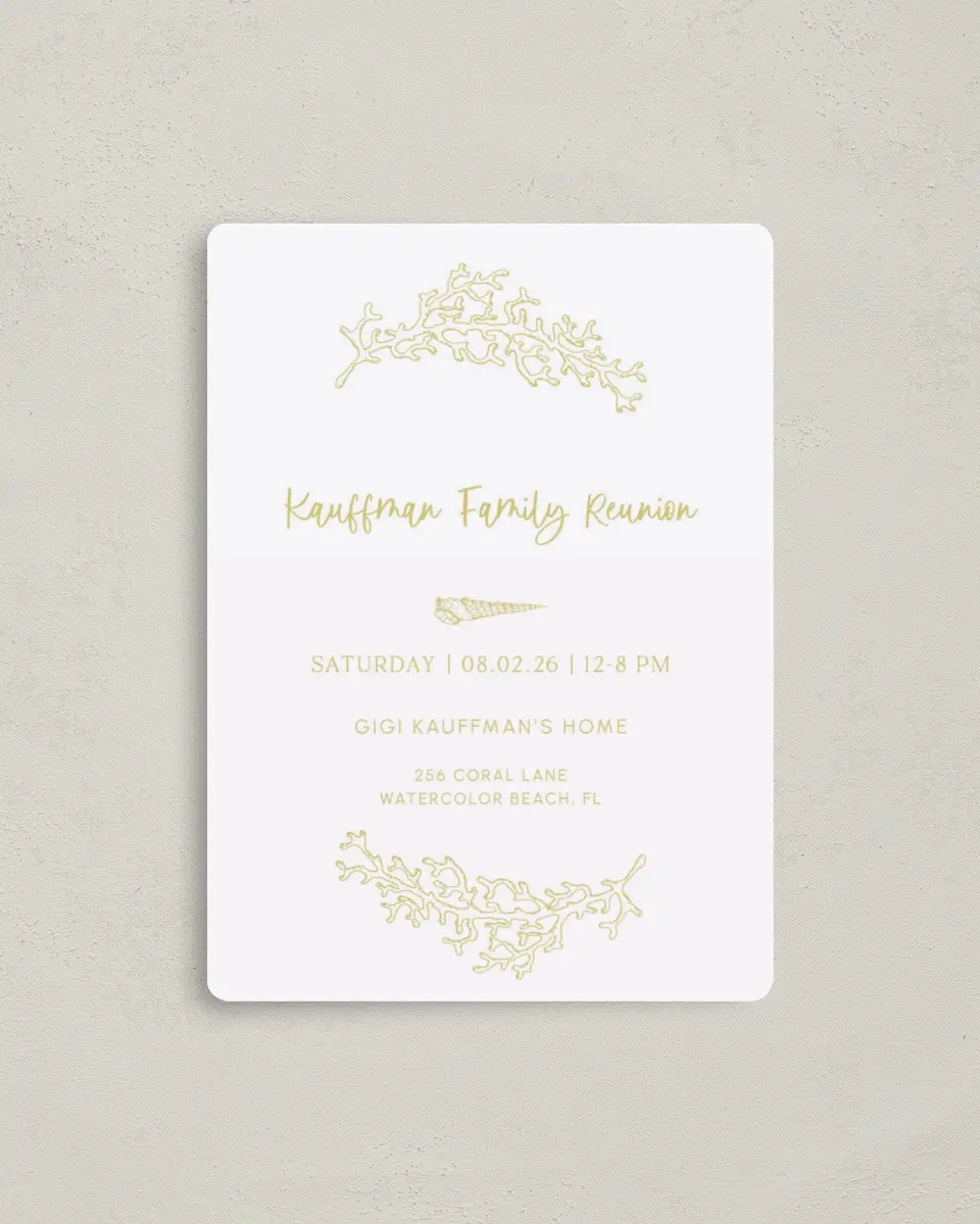 This is a 4" x 5½" Family Reunion called Beach Heirloom printed in full color with a Luxe Satin finish