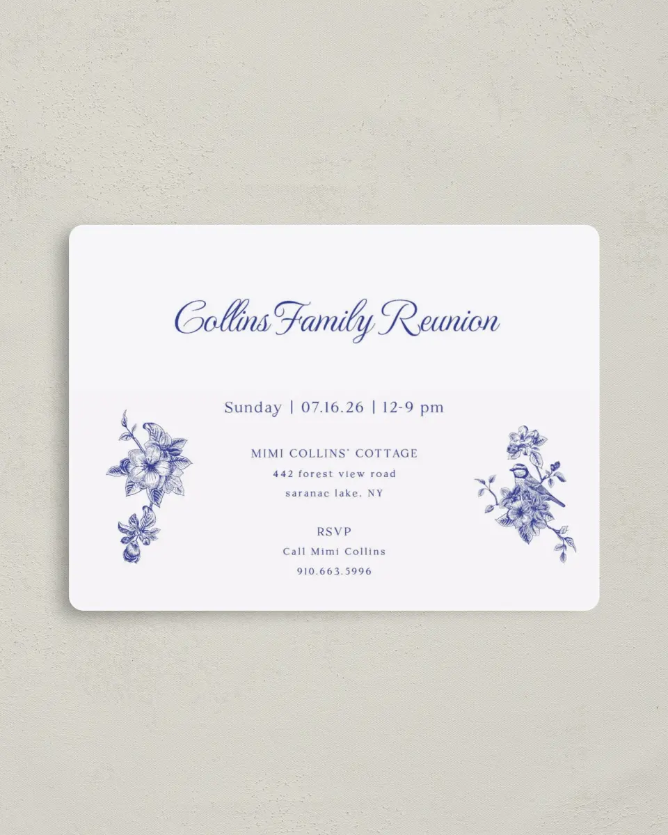 This is a 4" x 5½" Family Reunion called Beatiful Birdsong printed in full color with a Luxe Satin finish