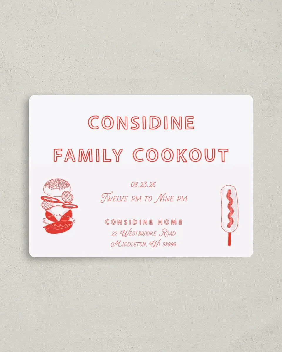 This is a 4" x 5½" Family Reunion called Grill and Chill printed in full color with a Luxe Satin finish