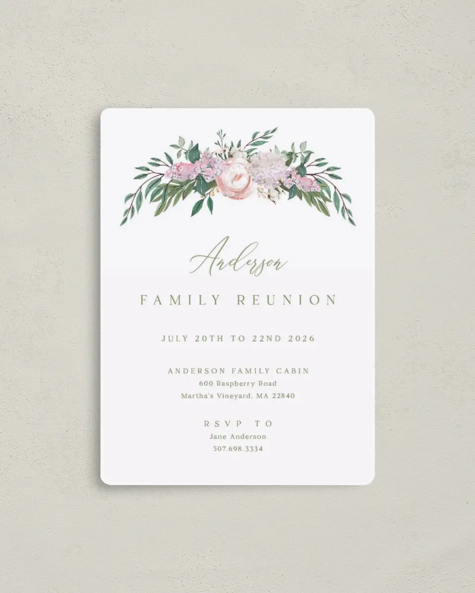 This is a 4" x 5½" Family Reunion called Floral Canopy printed in full color with a Luxe Satin finish