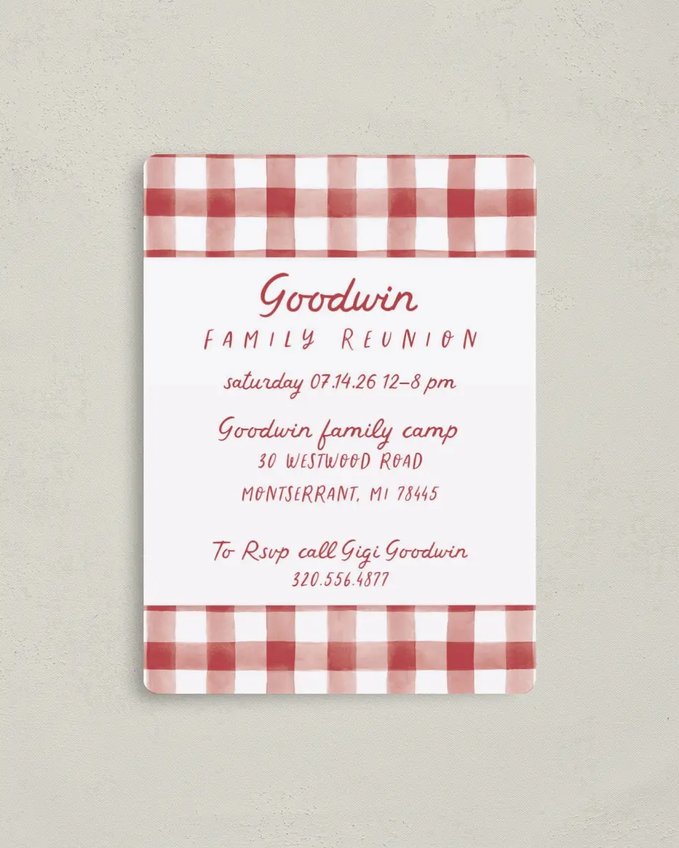This is a 4" x 5½" Family Reunion called Glad and Gingham printed in full color with a Luxe Satin finish