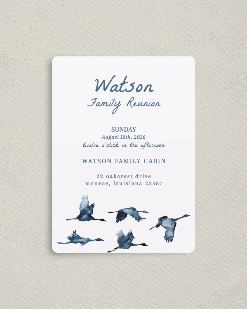 This is a 4" x 5½" Family Reunion called Flying Flock printed in full color with a Luxe Satin finish