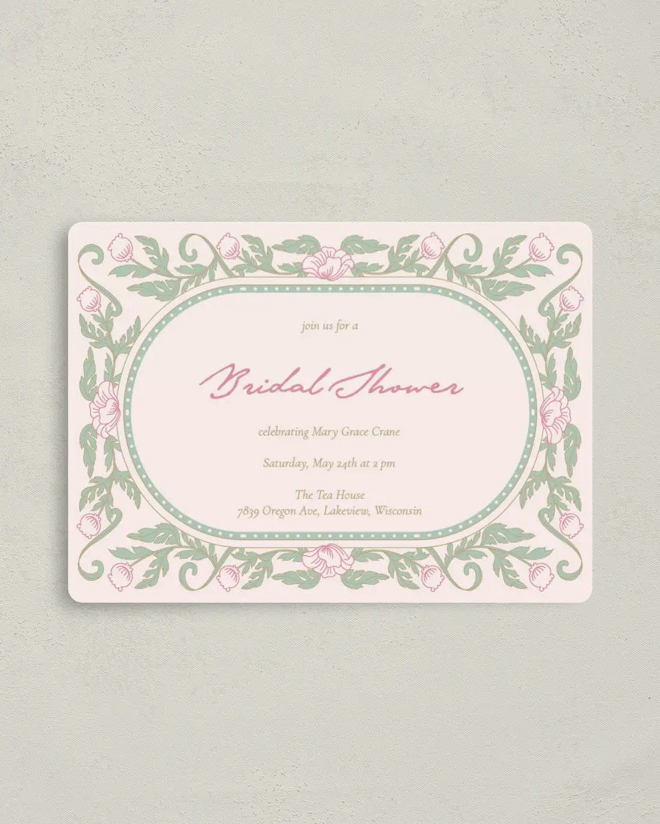 This is a 4" x 5½" Bridal Shower Invitation Magnet called Secret Meadow printed in full color with a Luxe Satin finish