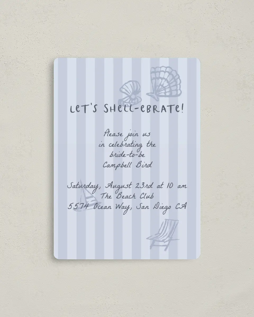 This is a 4" x 5½" Bridal Shower Invitation Magnet called Shell-ebrate printed in full color with a Luxe Satin finish