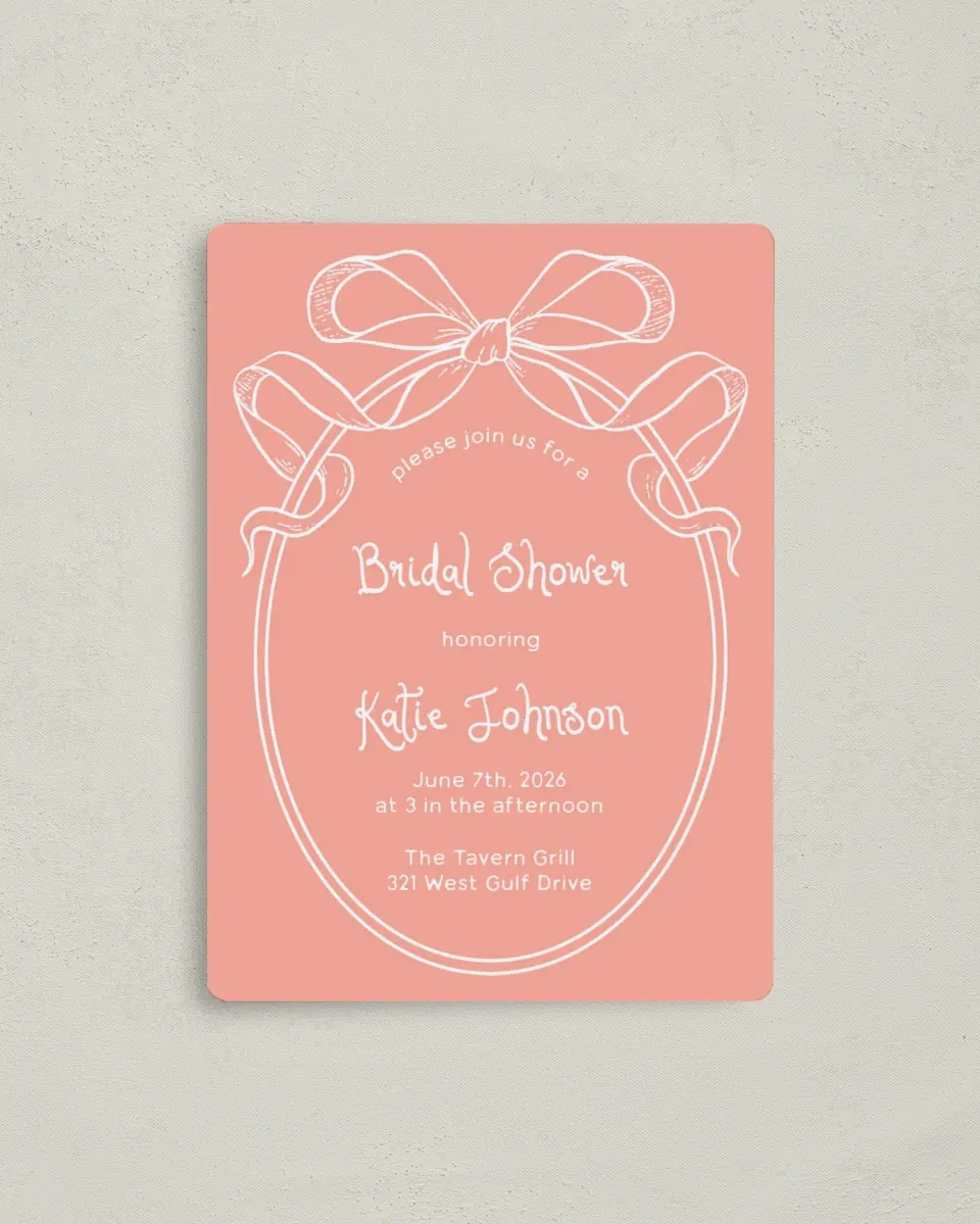 This is a 4" x 5½" Bridal Shower Invitation Magnet called Bridal Bow printed in full color with a Luxe Satin finish