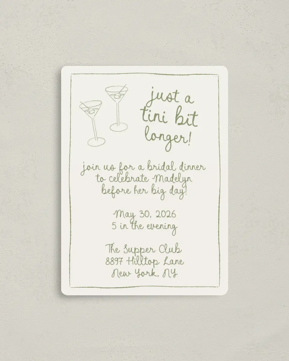This is a 4" x 5½" Bridal Shower Invitation Magnet called Tini Bit Longer printed in full color with a Luxe Satin finish