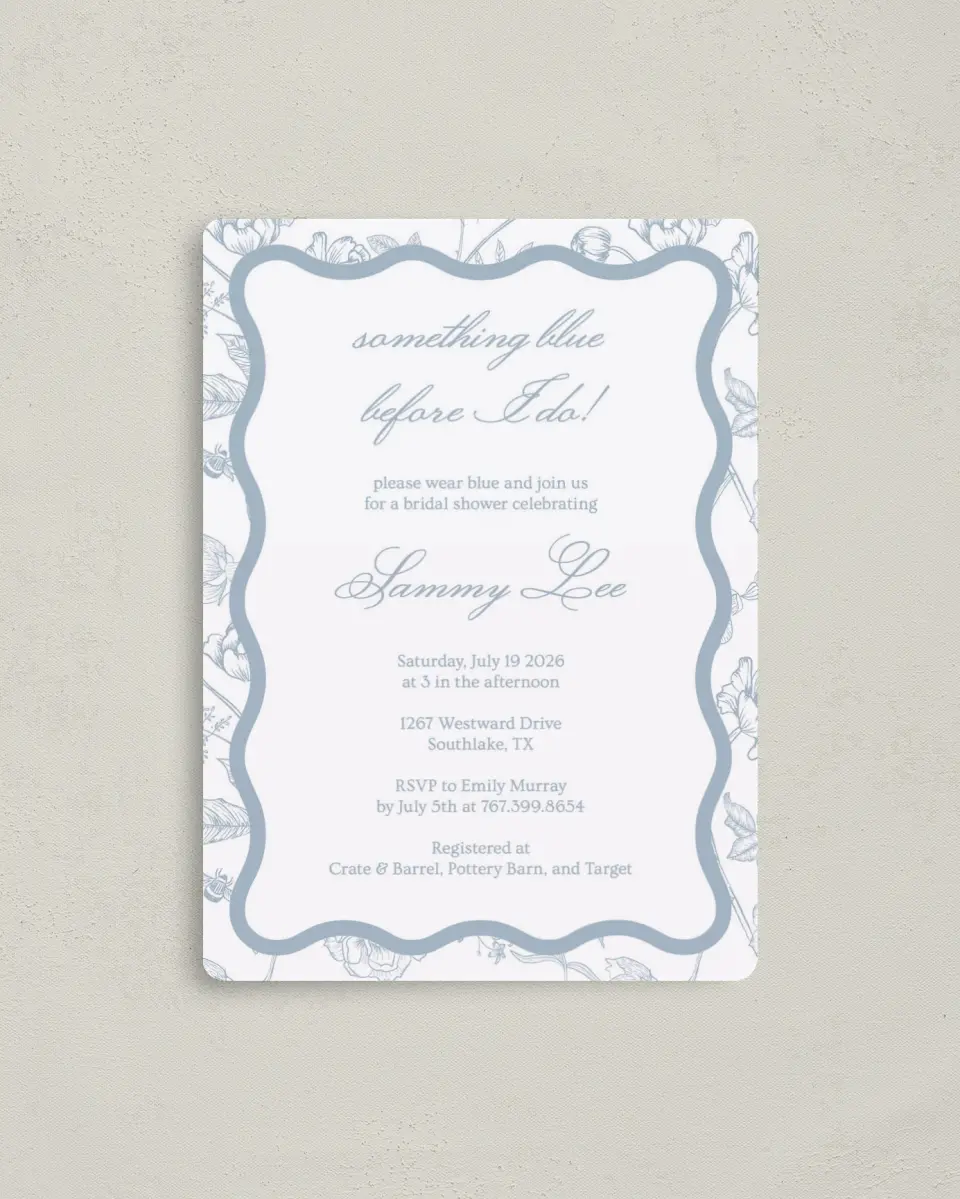 This is a 4" x 5½" Bridal Shower Invitation Magnet called Something Blue printed in full color with a Luxe Satin finish