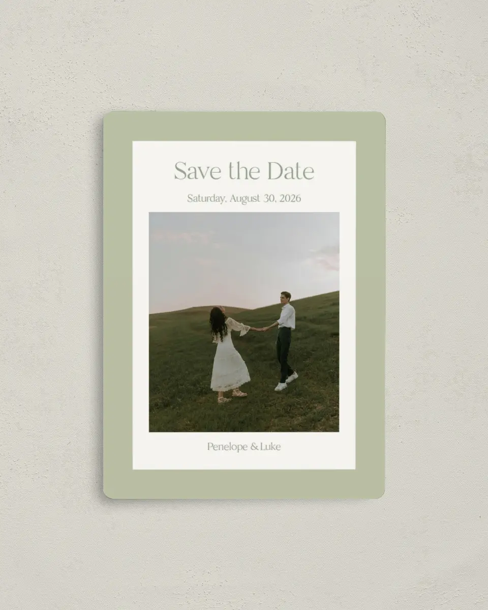 This is a 4" x 5½" Save the Date Magnet called The Penelope printed in full color with a Luxe Satin finish