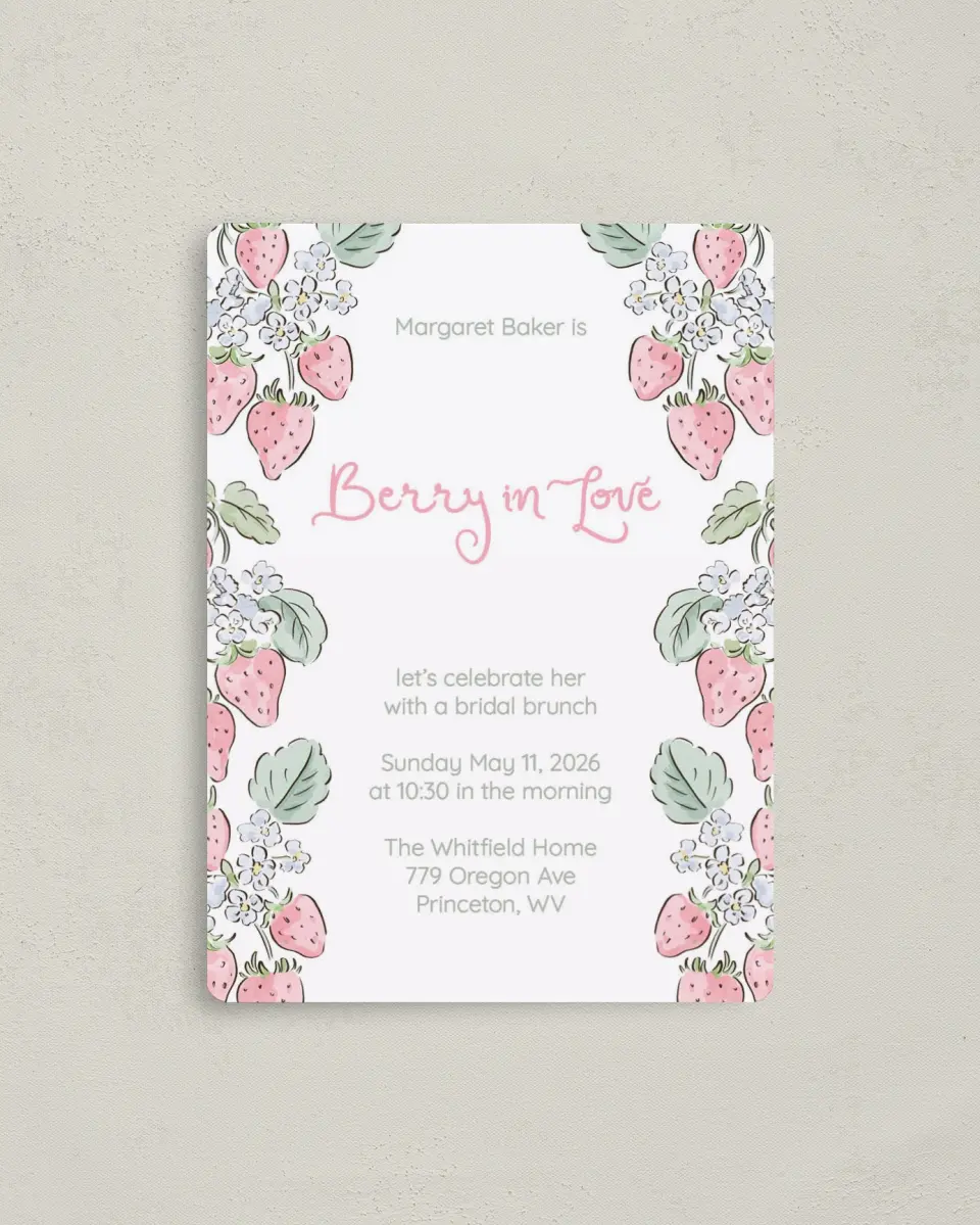 This is a 4" x 5½" Bridal Shower Invitation Magnet called Berry in Love printed in full color with a Luxe Satin finish