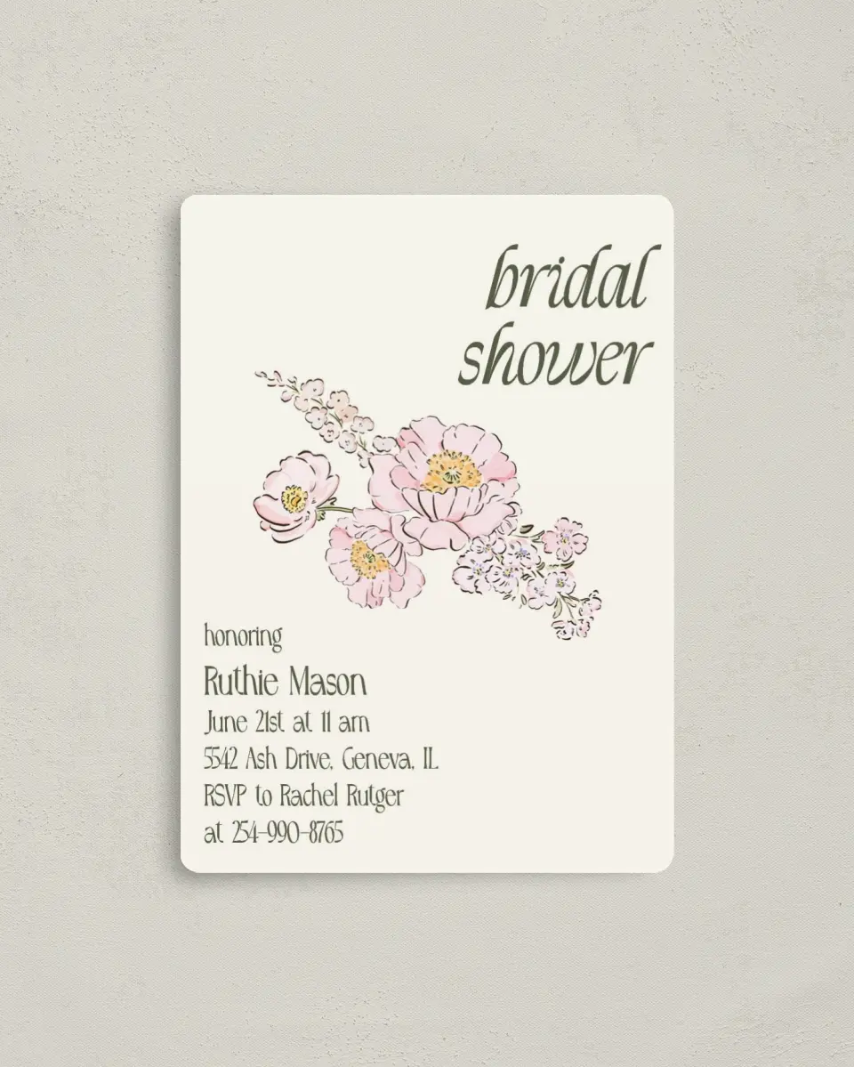 This is a 4" x 5½" Bridal Shower Invitation Magnet called Floral Shower printed in full color with a Luxe Satin finish