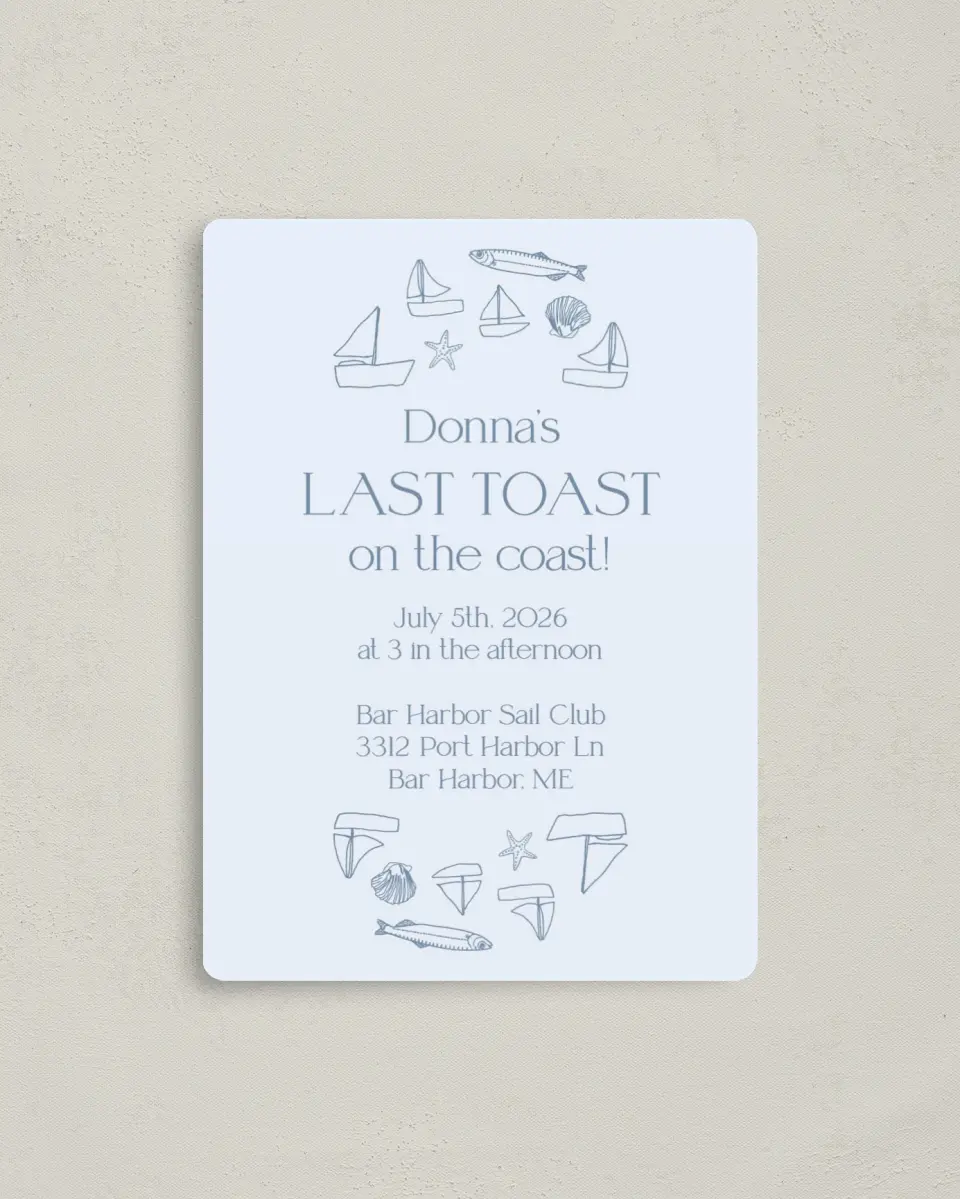 This is a 4" x 5½" Bridal Shower Invitation Magnet called Last Toast printed in full color with a Luxe Satin finish