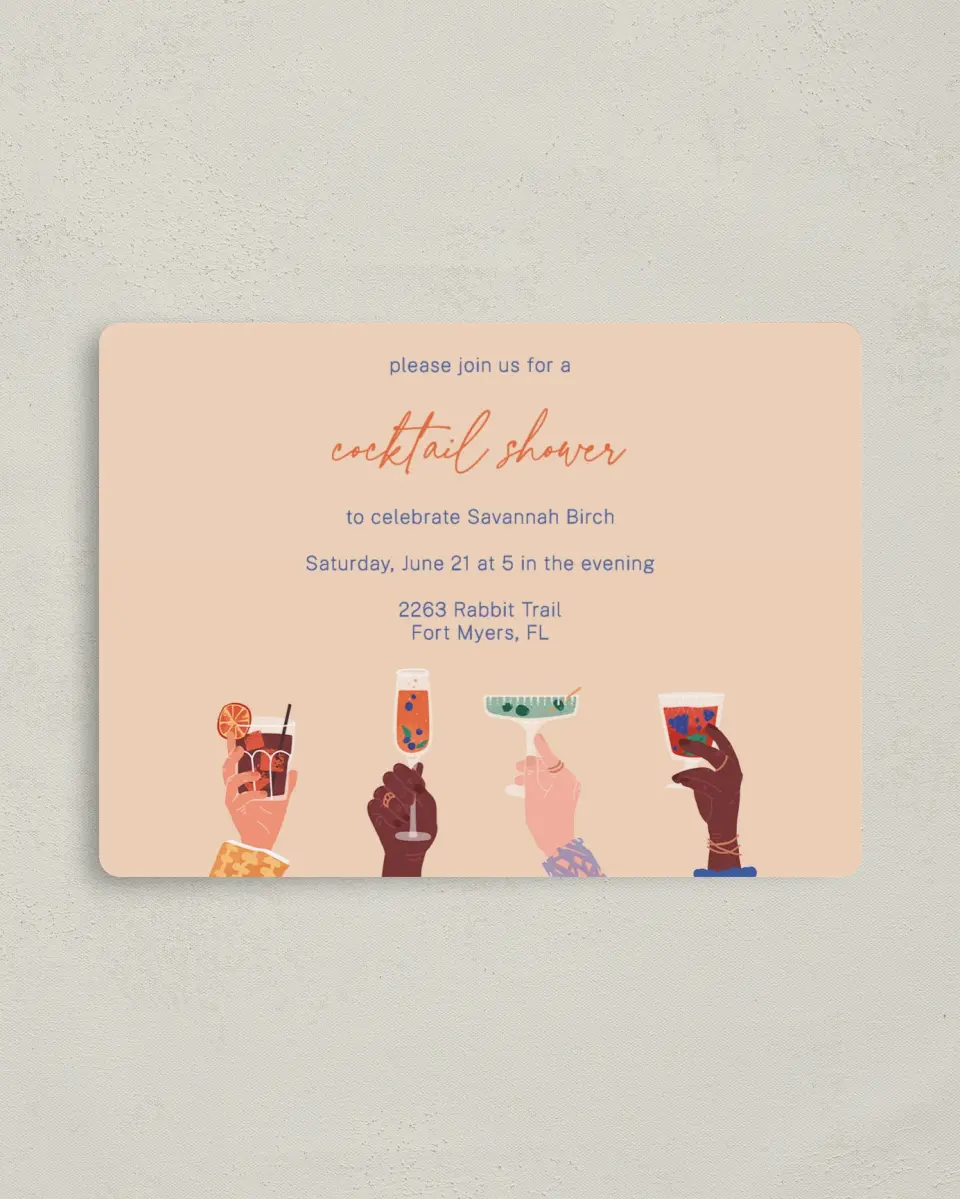 This is a 4" x 5½" Bridal Shower Invitation Magnet called Cocktail Shower printed in full color with a Luxe Satin finish